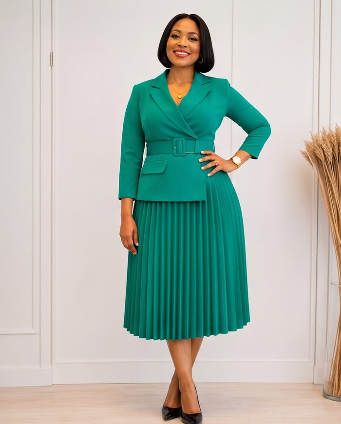 Emerald Grace Pleated Blazer Dress
