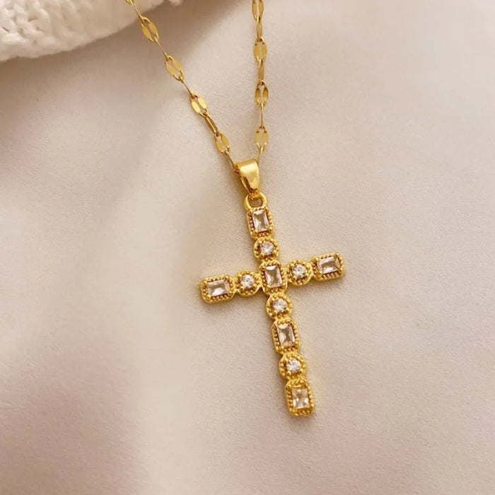 Handmade Cross Necklace for Women in 201 Stainless Steel with Glass Inlay and Golden Plated Cable Chain