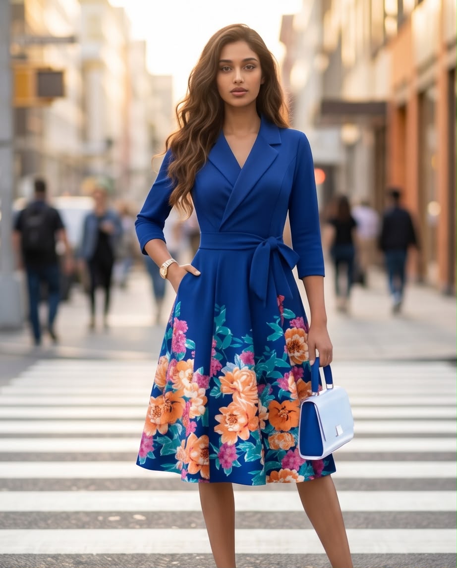 Azure Blossom Wrap Midi Dress
