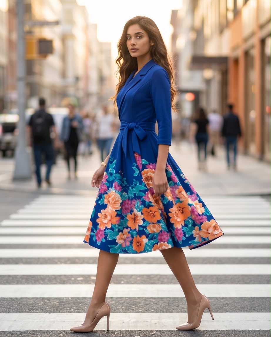 Azure Blossom Wrap Midi Dress