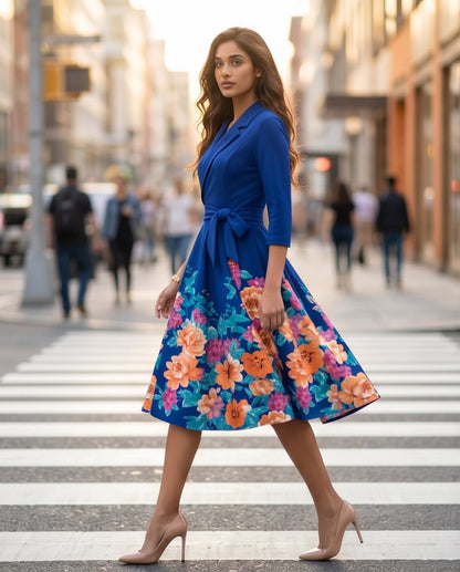 Azure Blossom Wrap Midi Dress
