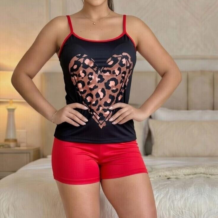 Women's Short Pajamas + Red Animal Print Heart Top