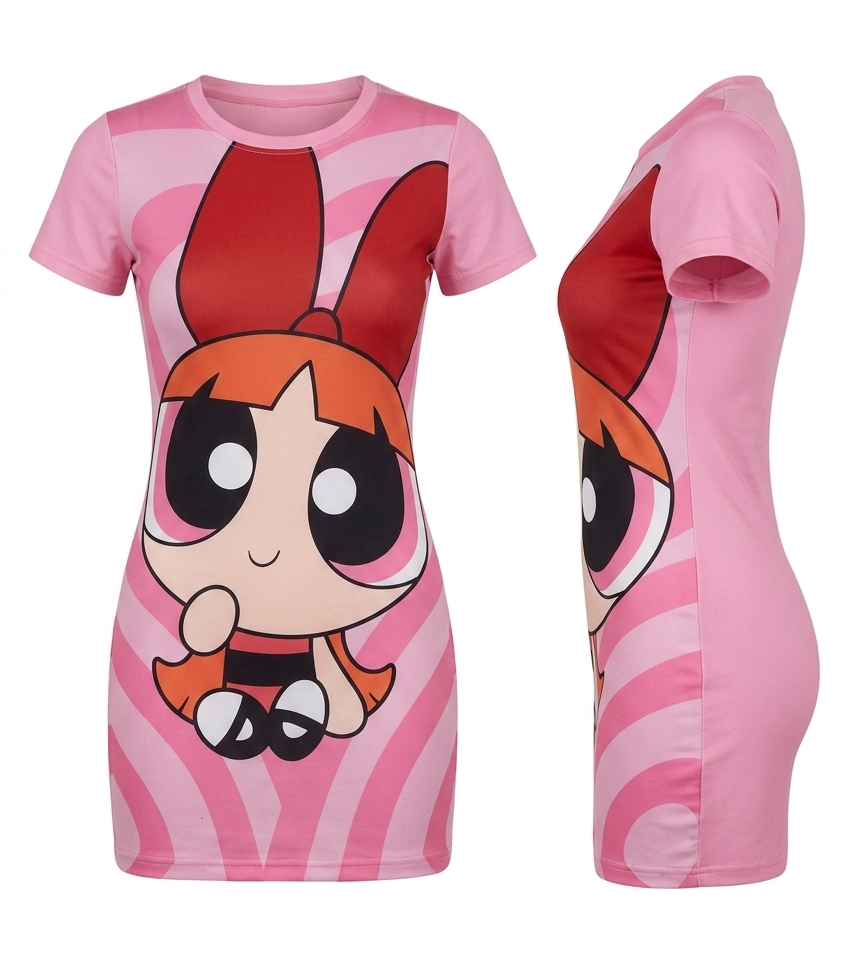Women's Pink Print Short Dress Power Girl