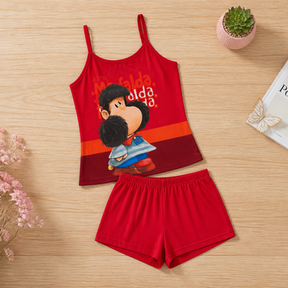 Women's Pajamas Short + Red Character Print Top