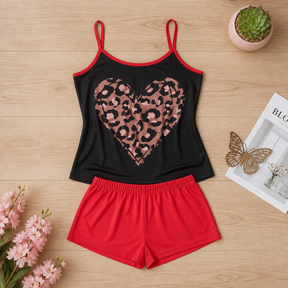 Women's Short Pajamas + Red Animal Print Heart Top