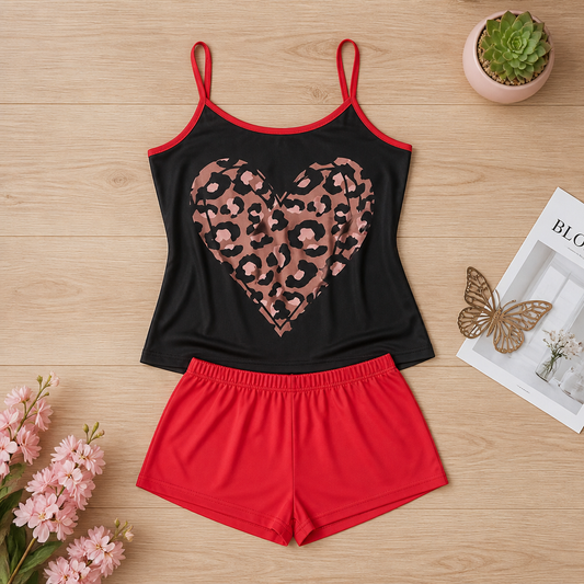 Women's Short Pajamas + Red Animal Print Heart Top