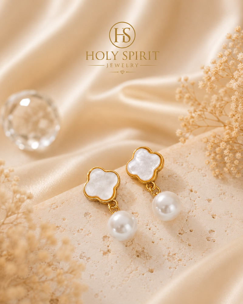 Gold Flower Pearl Drop Earrings for Women