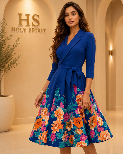 Azure Blossom Wrap Midi Dress