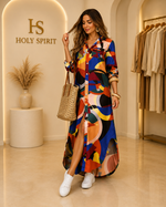 Button Front Printed Maxi Shirt Dress