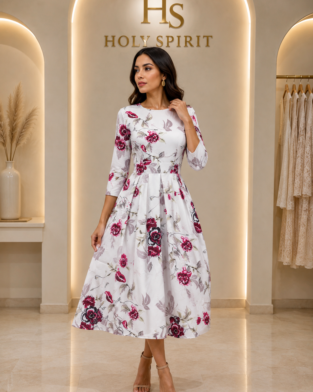 Ivory Bloom Elegance Midi Dress