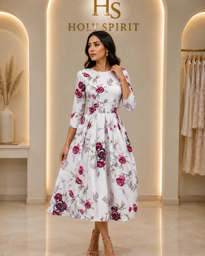 Ivory Bloom Elegance Midi Dress