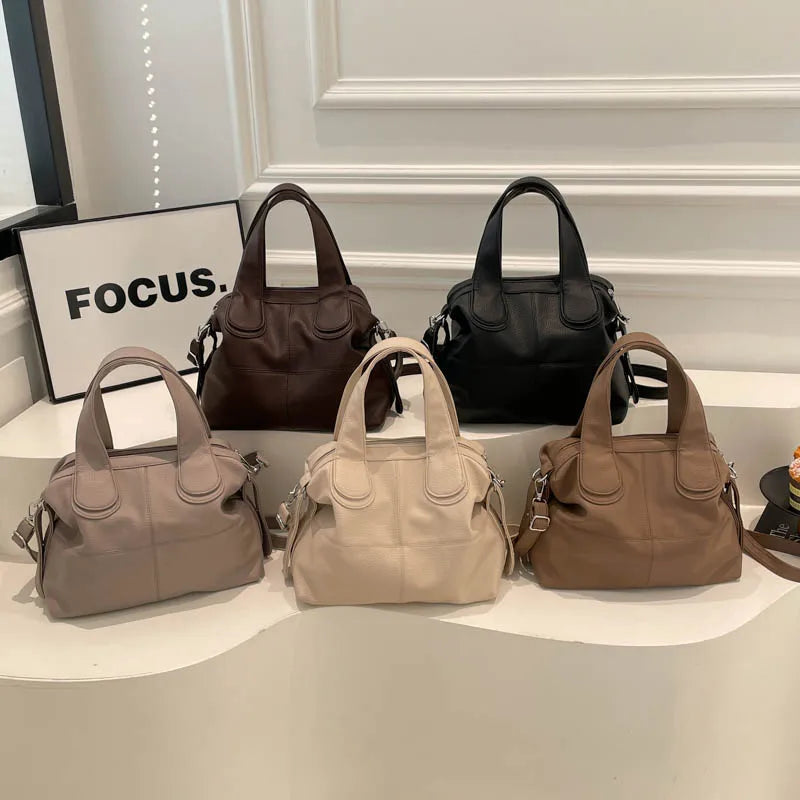 Solid Color Vintage Handbag Large Capacity Women's Crossbody Bag Simple Trendy Shoulder Bag Anti-theft Bucket Shape
