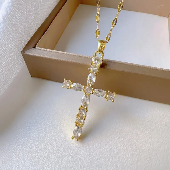 Handmade Cross Necklace for Women in 201 Stainless Steel with Glass Inlay and Golden Plated Cable Chain
