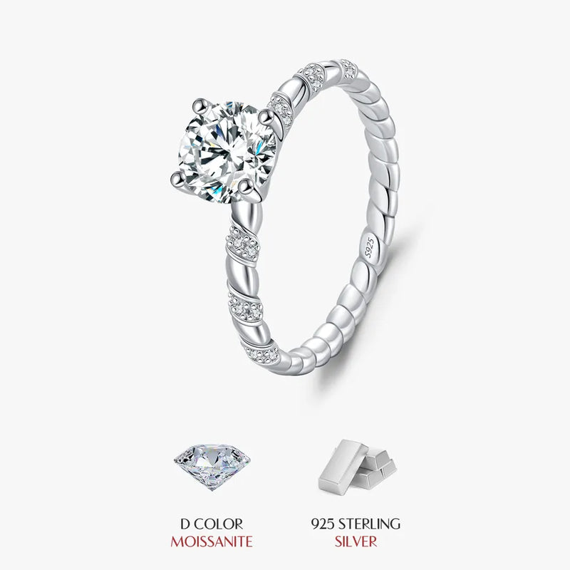 1.0ct Round Brilliant Cut Rhodium Plated 925 Sterling Silver 925 Sterling Silver Moissanite Round Rings Colorless(DEF) GRA Certificate VVS1-VVS2