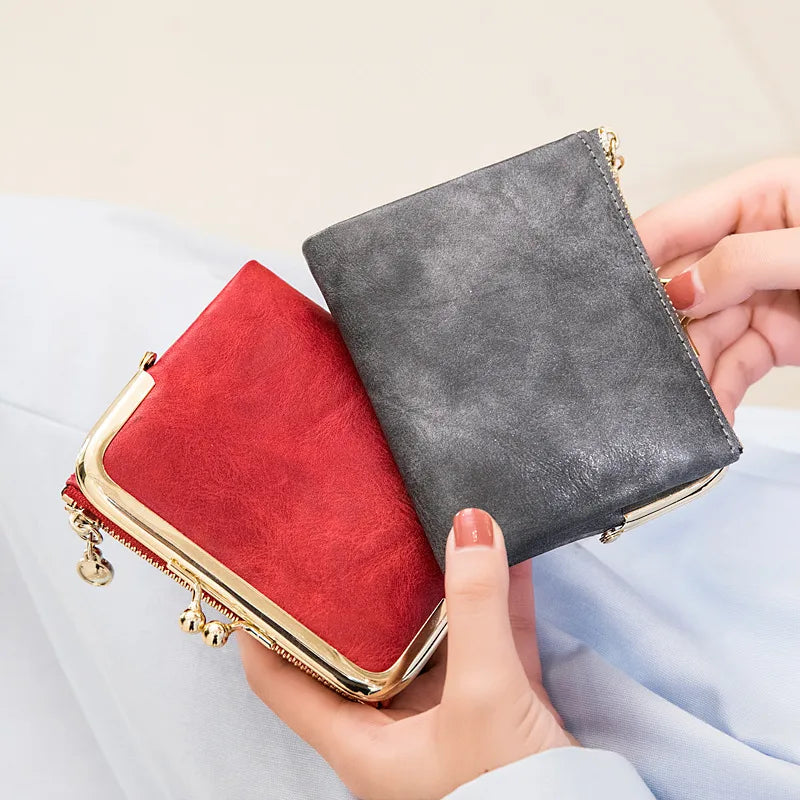 women's solid color pu leather clasp frame coin purses